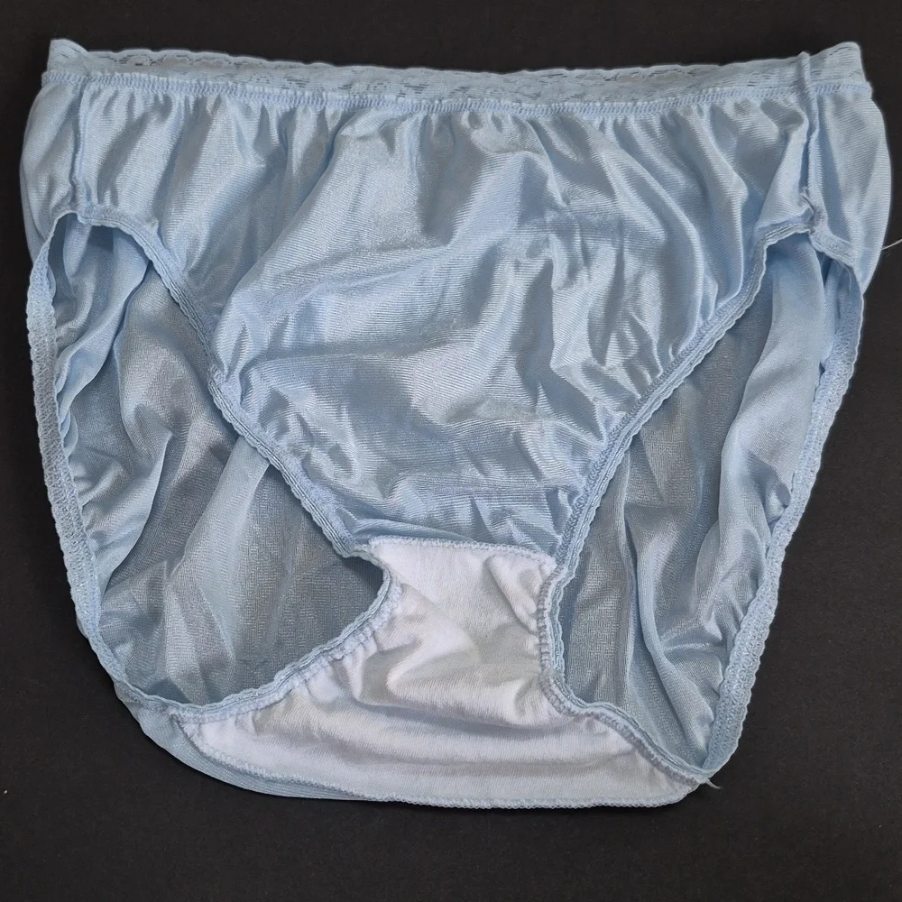 Vintage Hanes 15763 Satin Nylon Lace Granny Panties Hi Cut Briefs Blue sz 9 - Picture 6 of 7